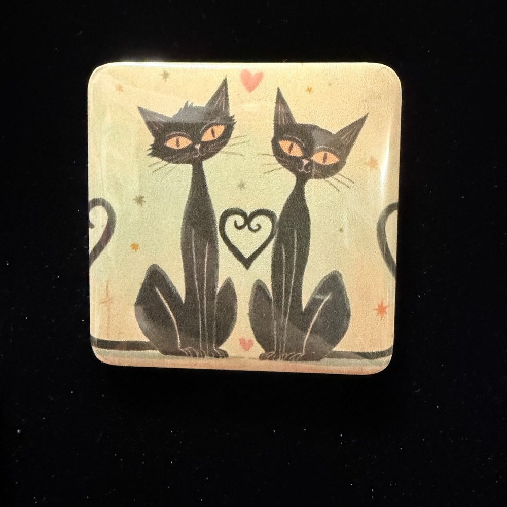 Handmade Mid Century Modern Style Black Cats Heart Square Fridge Magnet 2in